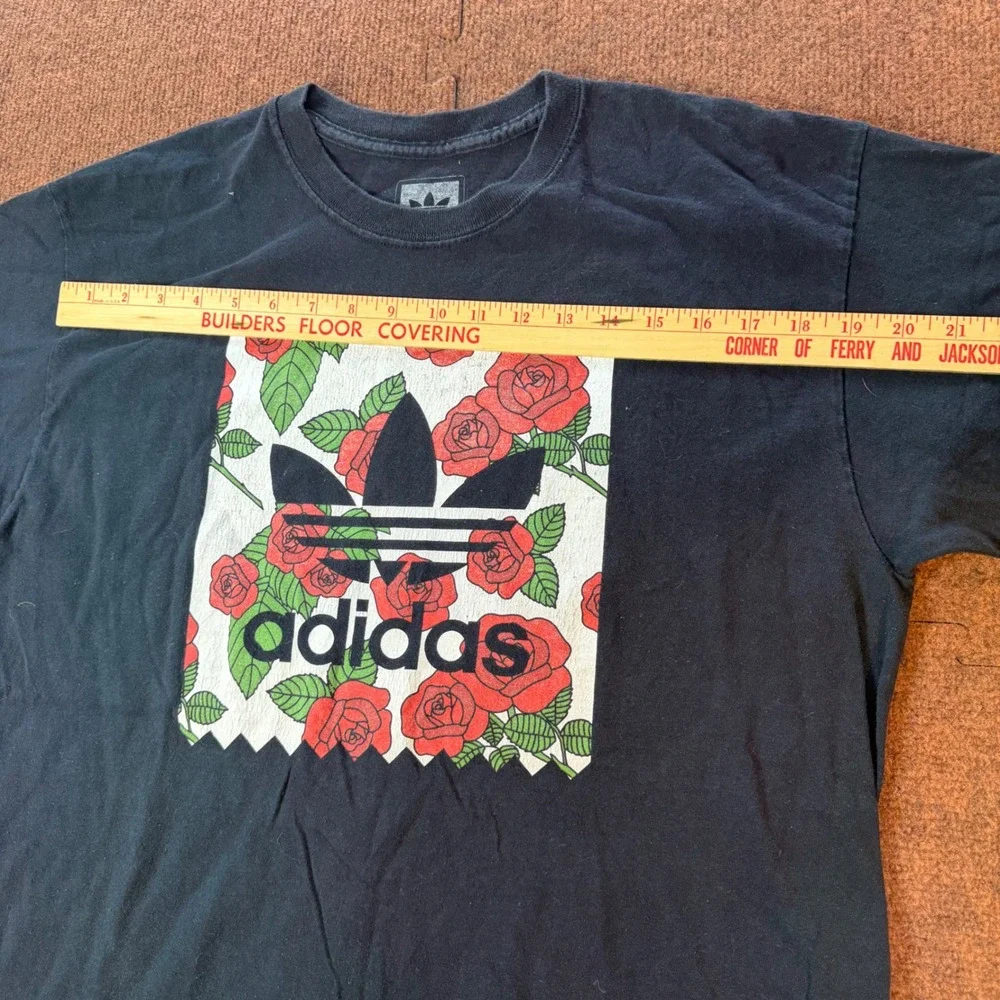 A+ Adidas Originals Mens Large Black Floral Rose Trefoil Graphic T-Shirt Cotton